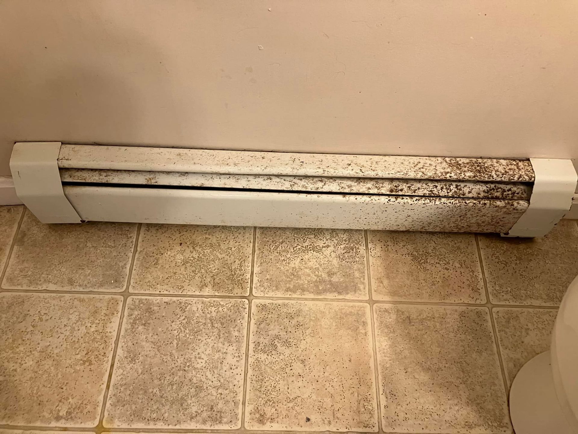 A dirty radiator is sitting on a tiled floor next to a toilet.