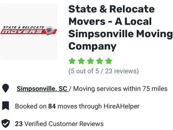 Logo and details for State & Relocate Movers, a Simpsonville moving company: 5-star rating, service area, and customer reviews.