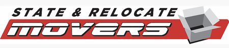 A red and white logo for state and relocate movers