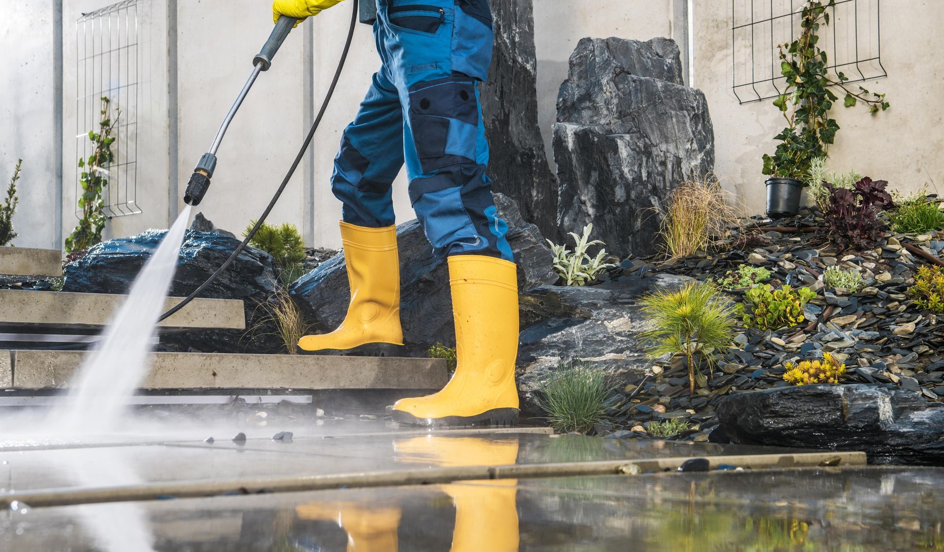 A man in yellow boots is using a high pressure washer to clean a sidewalk.