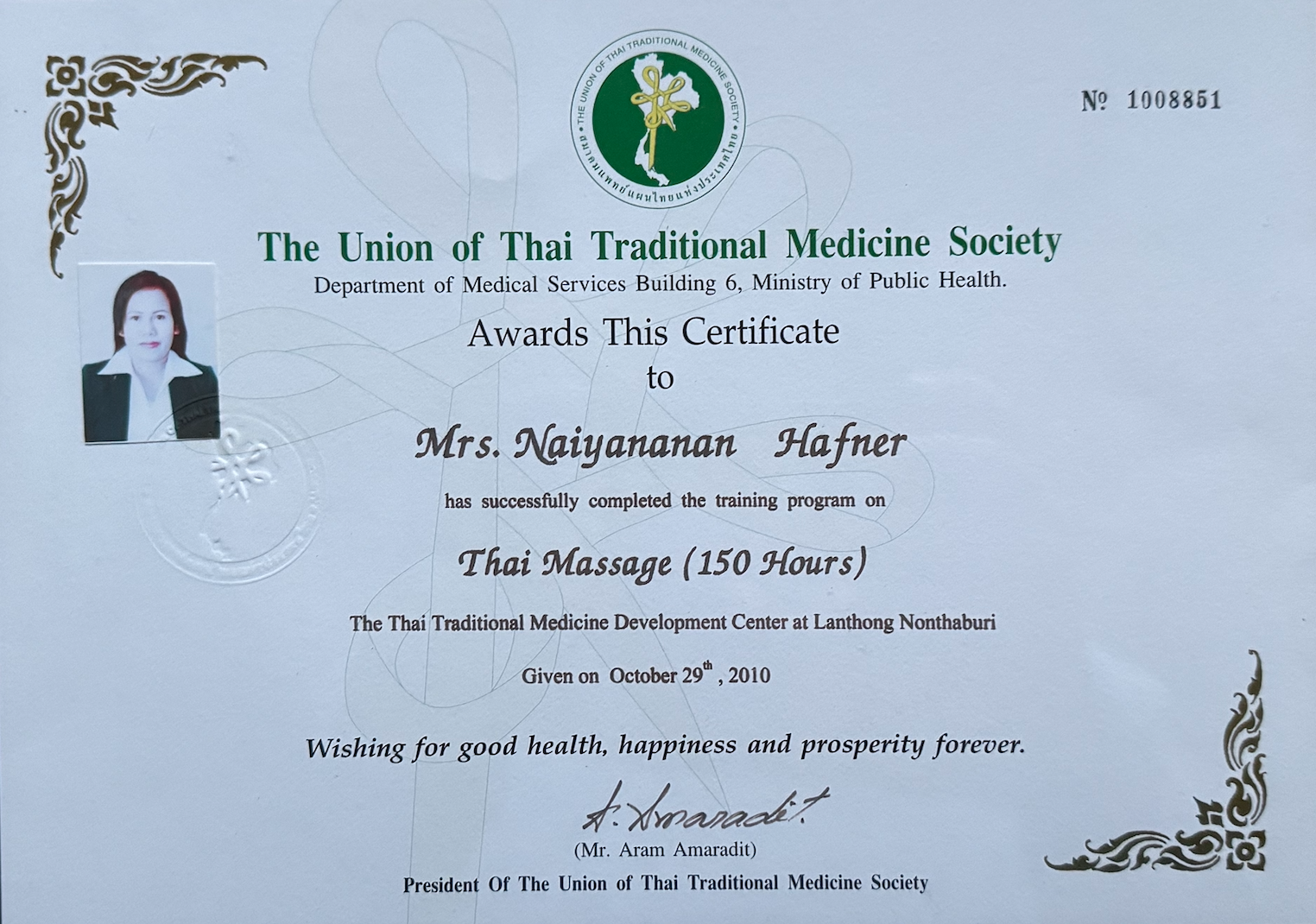 Ein Zertifikat der Union der Thai Traditional Medicine Society