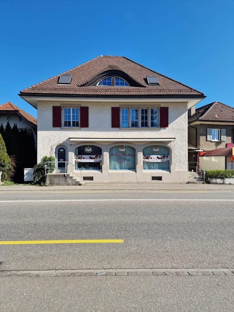 Am Straßenrand steht ein großes weißes Haus mit einem braunen Dach.