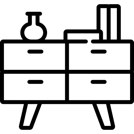 Una cassettiera con cassetti e un vaso sopra.