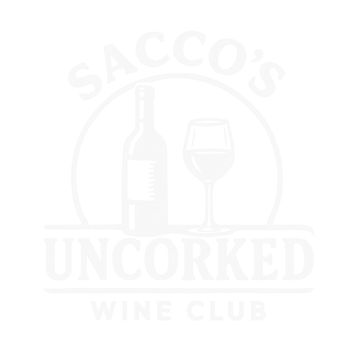 Logo for Sacco's Uncorked Wine Club, featuring a wine bottle, glass, and text.