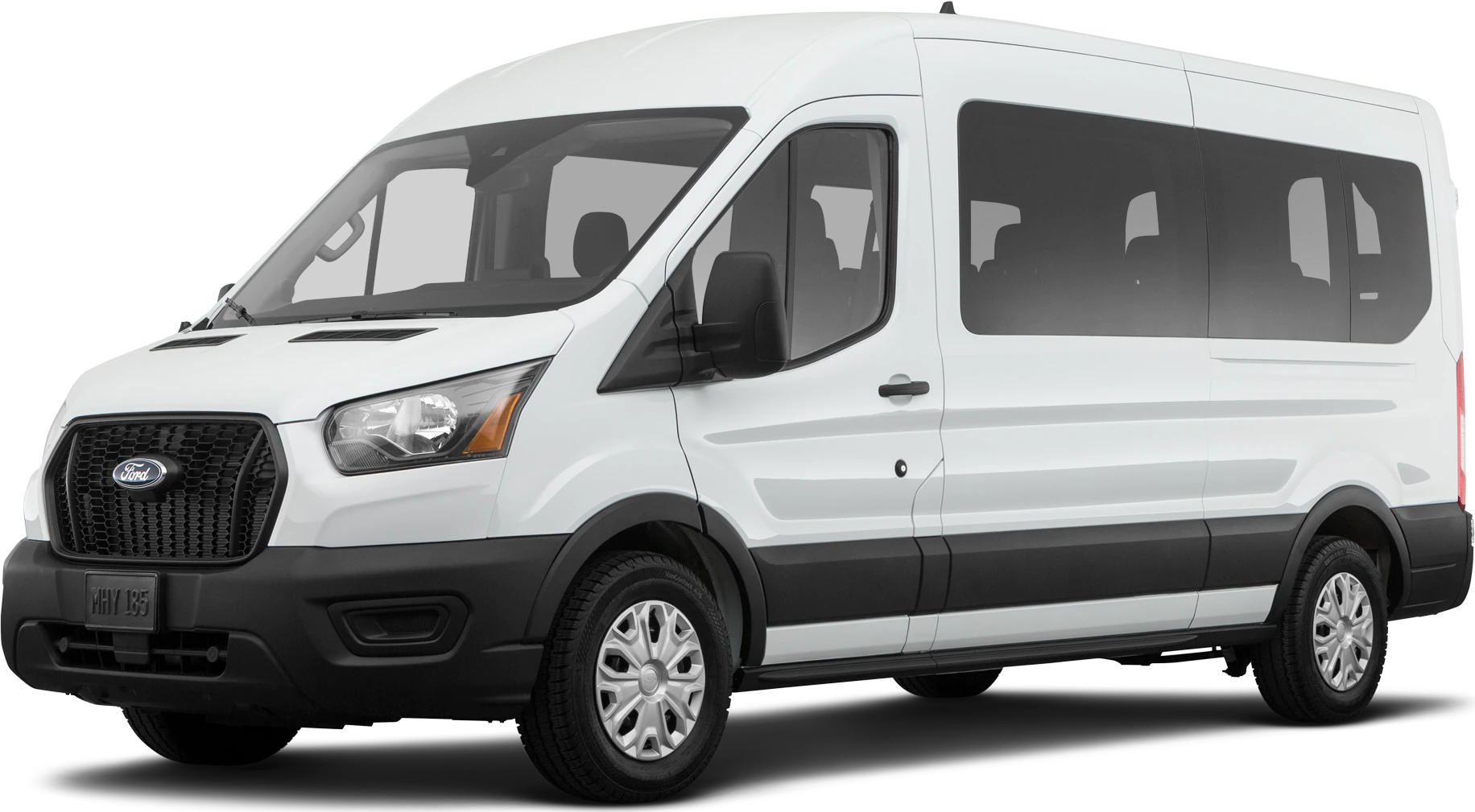 A white ford transit van is shown on a white background.