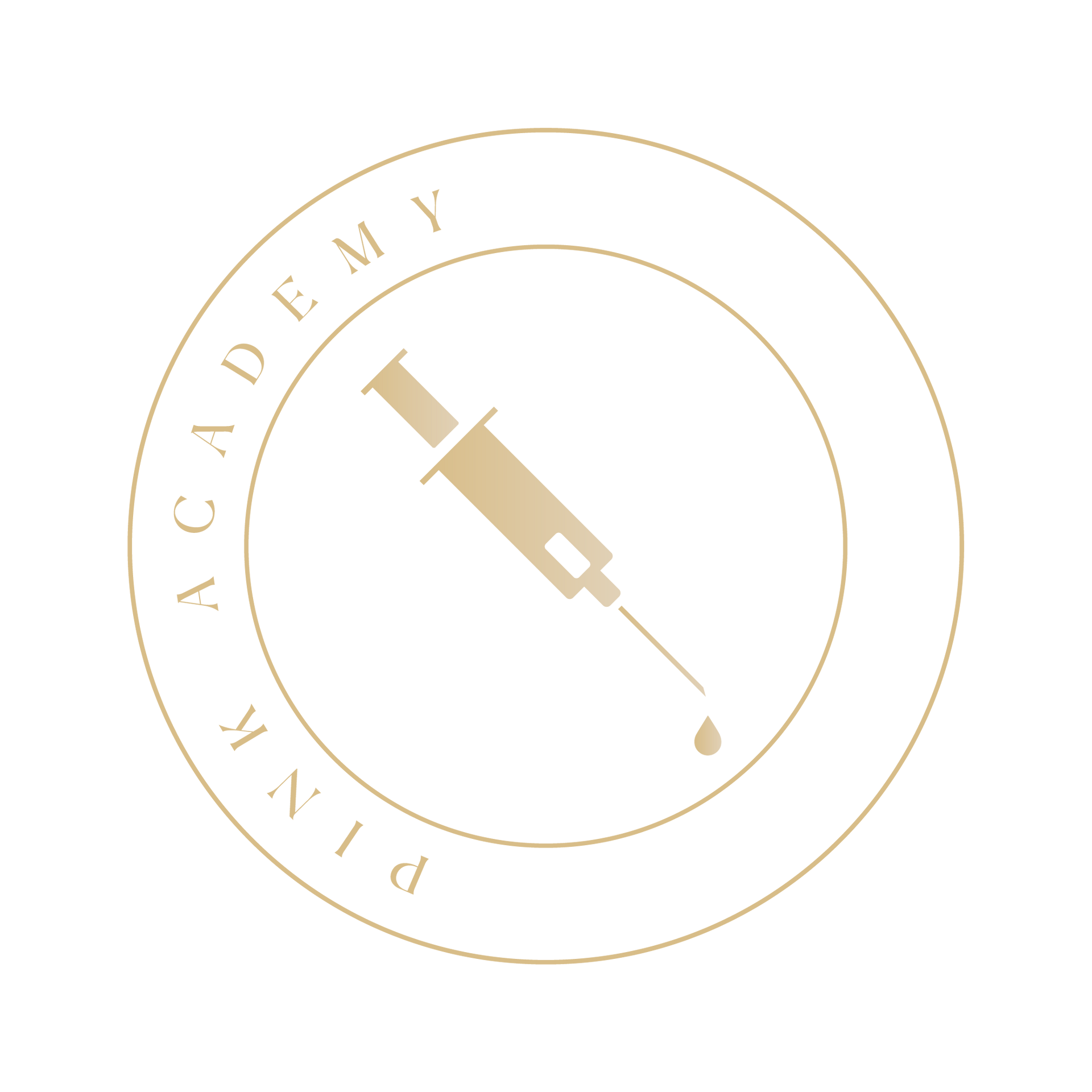 A logo for the pink academy with a syringe in a circle.