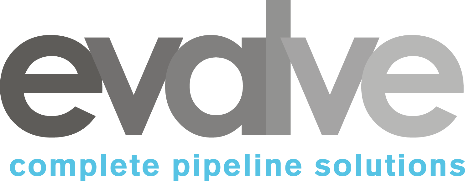 The logo for evalve complete pipeline solutions is gray and blue.