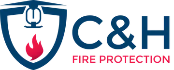 The logo for c & h fire protection has a shield with a fire on it.
