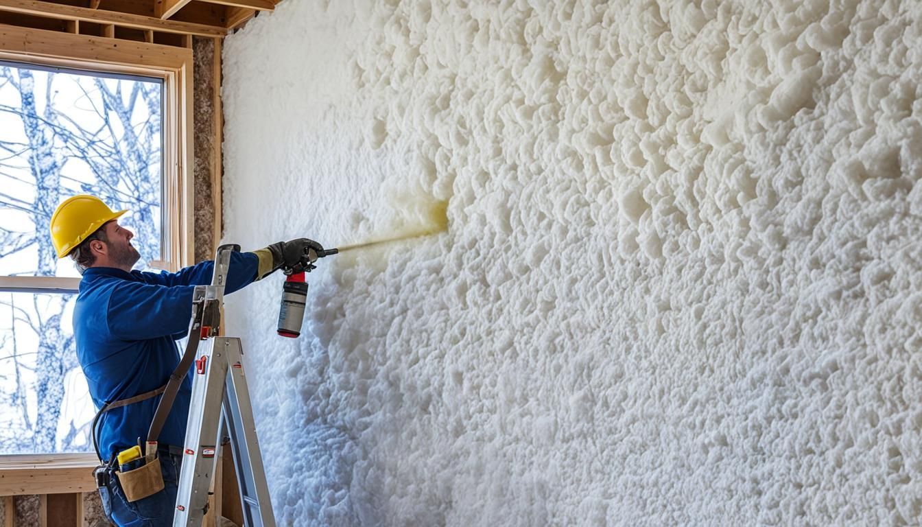 A person in a hard hat standing on a ladder and spraying white foam insulation onto an unfinished interior wall.