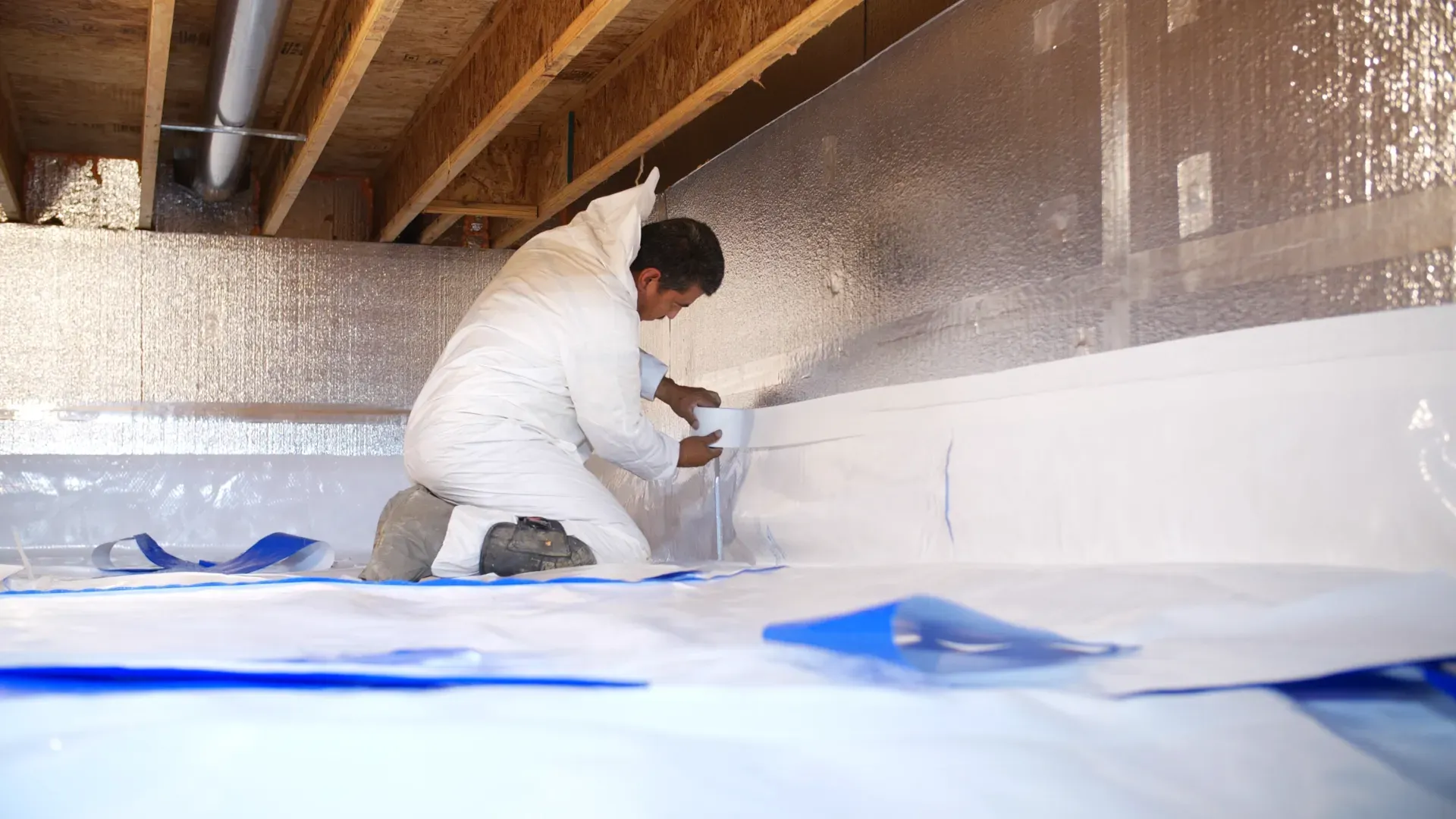 A person in protective gear installs a white vapor barrier against the walls and floor of a crawl space.