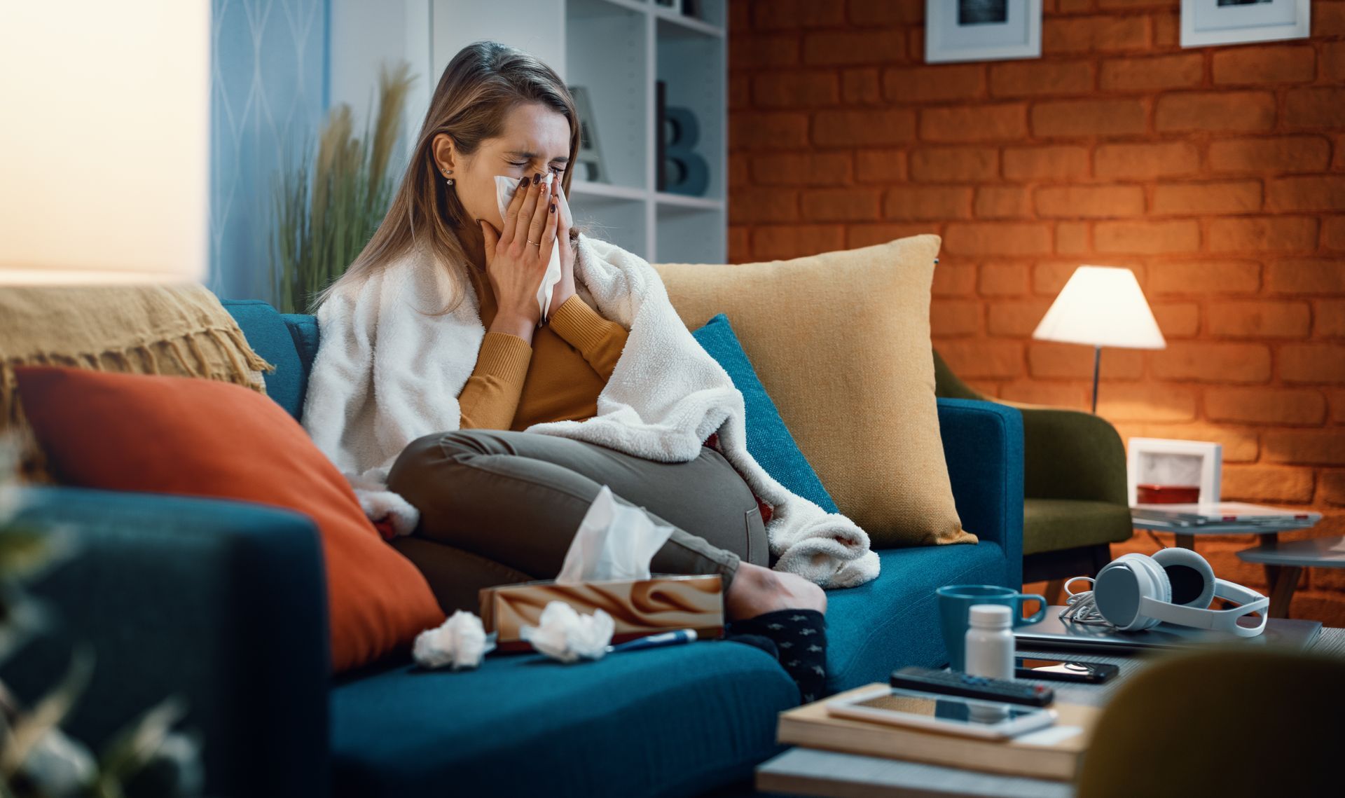 woman with a cold on the couch
