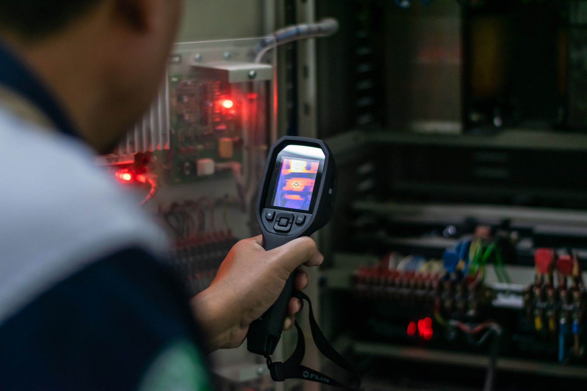 A man is holding a thermal camera in his hand.