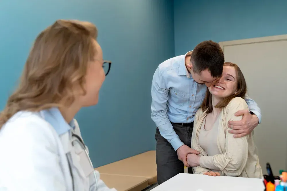 Pregnant woman seated on a bed, holding sonogram; smiling.
