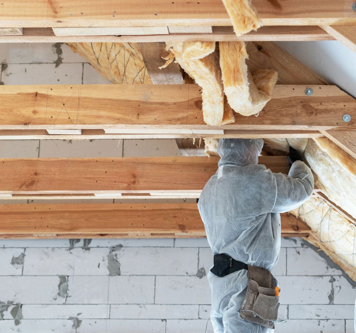 Worker in overalls installing insulation material, trusted ceiling insulation contractors at work