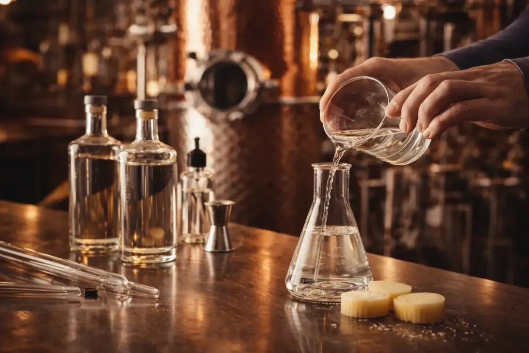 勇氣琴酒匠人工藝五：調和與稀釋。將不同批次蒸餾液調和並以純水稀釋至最佳飲用平衡。