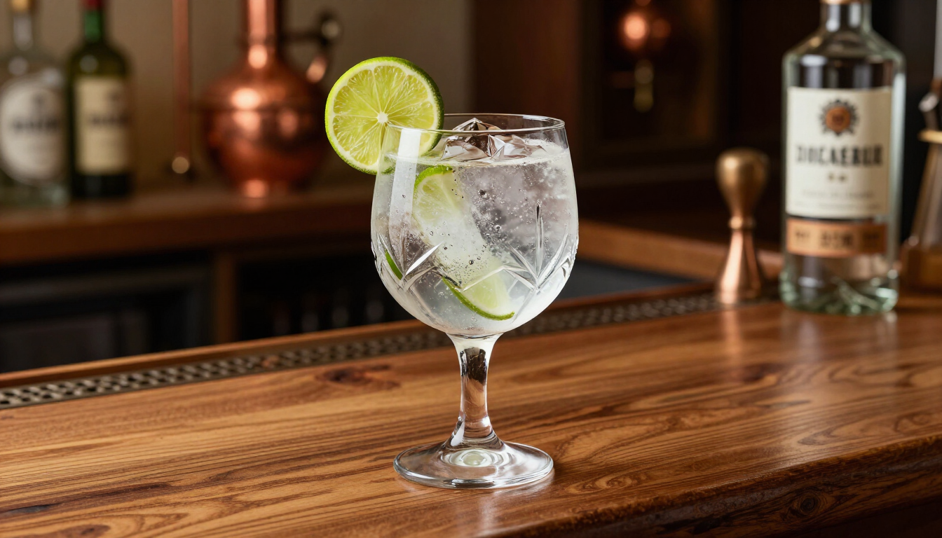 以台灣特色琴酒調製的 Gin Tonic 琴通寧，精緻高腳杯內加入萊姆片，展現質感酒吧調酒氛圍