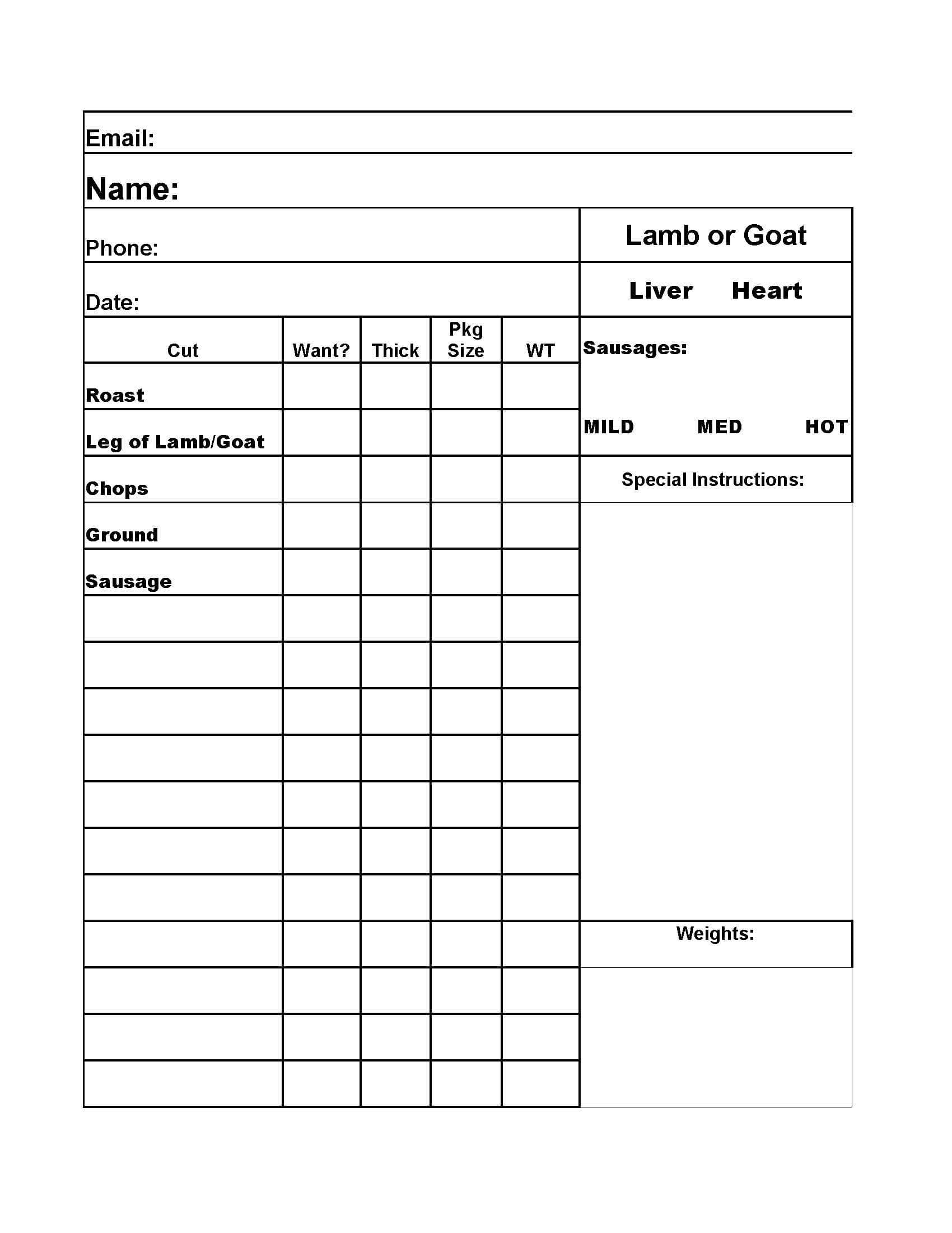 a sheet of paper with lamb or goat cut selection for processing