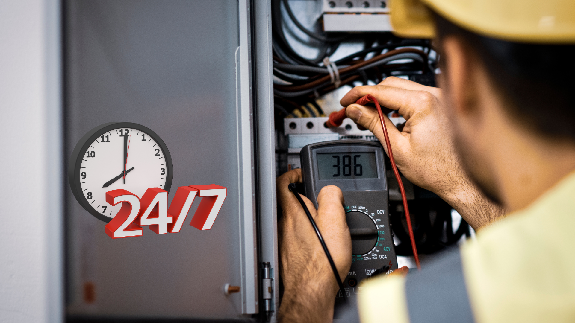 Electrician inspecting electrical panel with a multimeter, wearing a hard hat. 24/7 service logo on the panel.