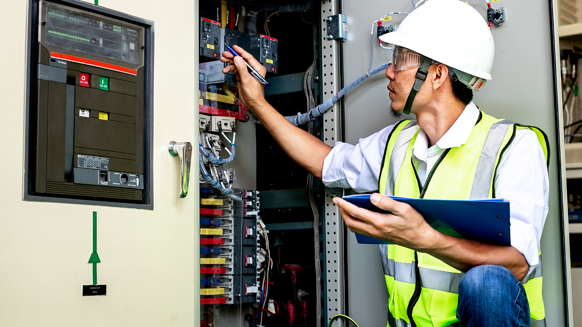 An electrician in a hard hat and safety vest inspects electrical panels, holding a clipboard.