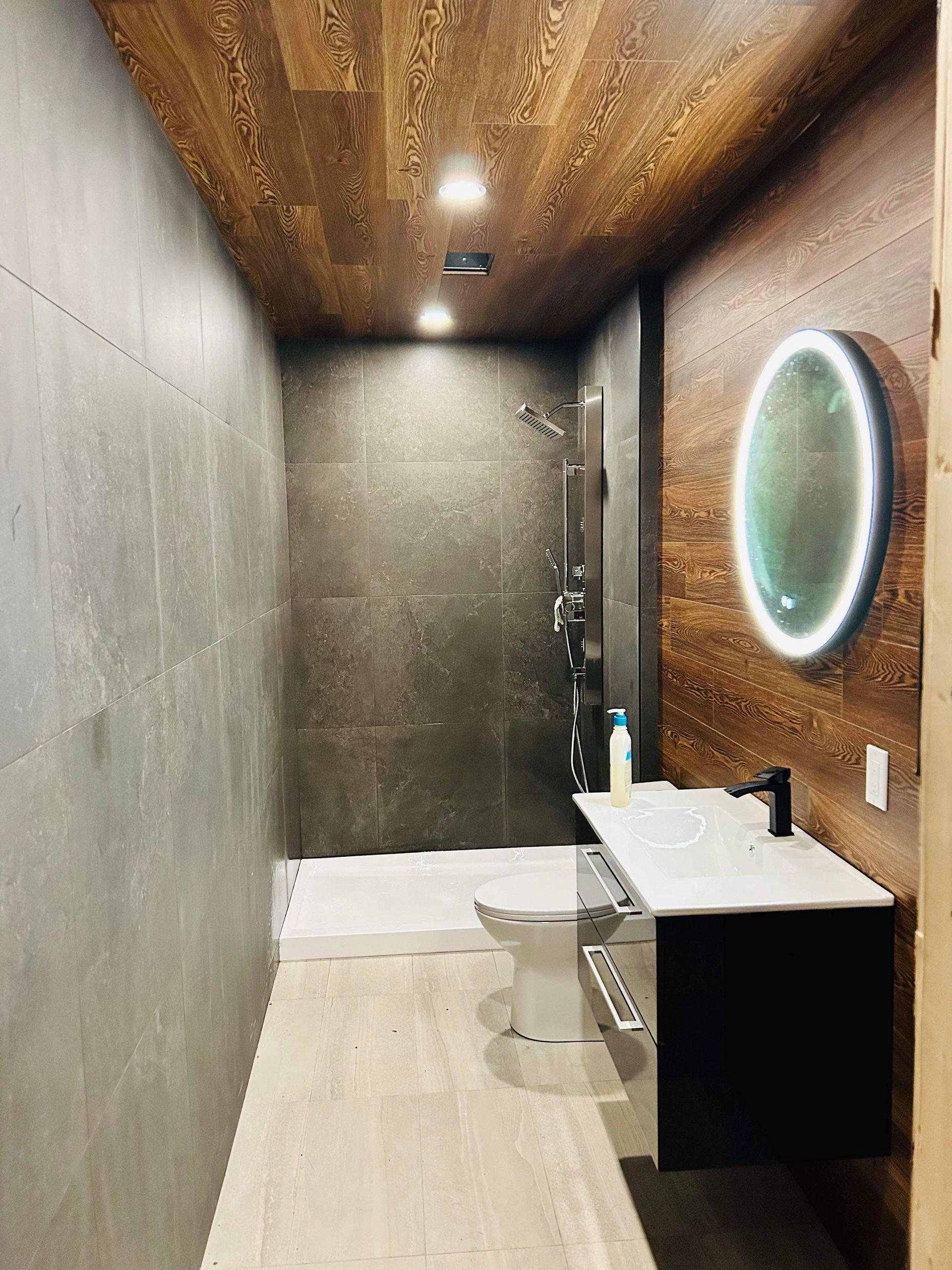 Une salle de bain avec WC, lavabo, miroir et douche.