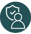 graphic icon of person with a shield and tick mark - image is to illustrate integrity value