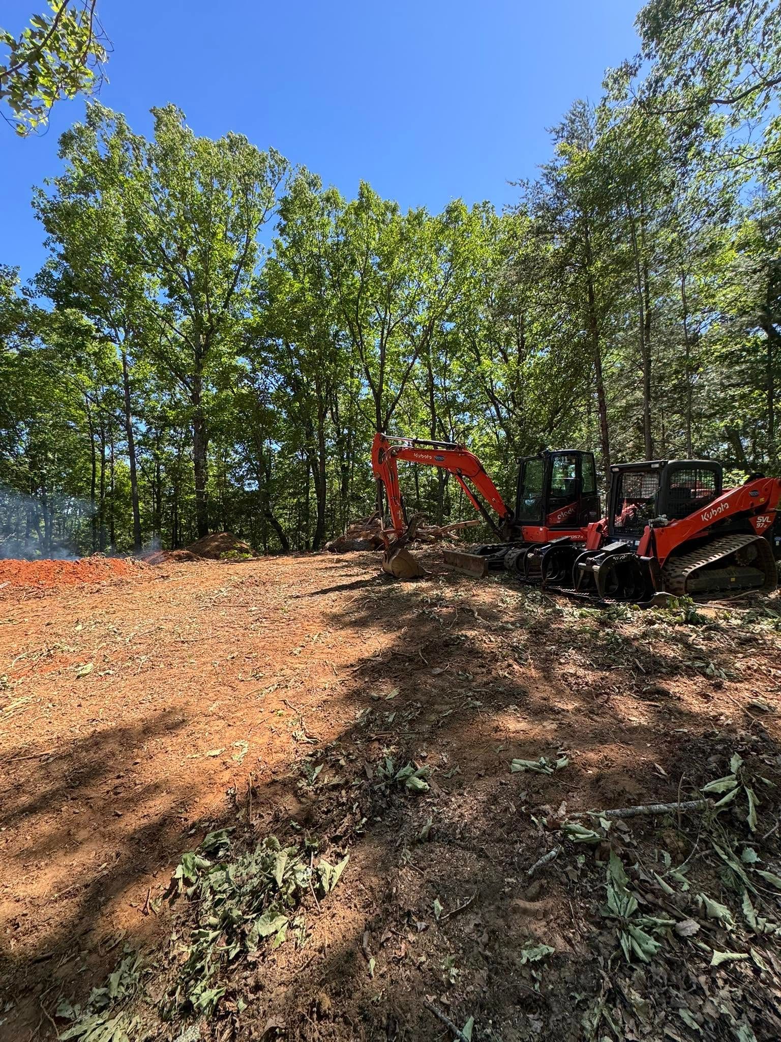 Red excavator clearing a dirt slope beside trees under a bright blue sky