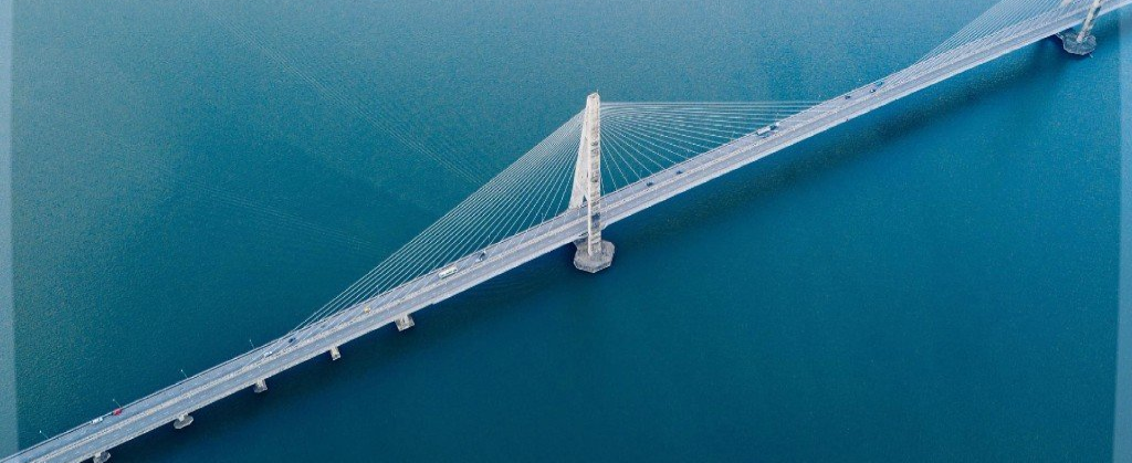 Looking up at the Mackinac suspension bridge in Michigan.