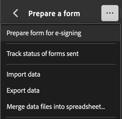 Screenshot of where to find the "Prepare form for e-signing" option in Adobe Acrobat Pro.