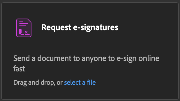 Screenshot of the "Request e-signatures" tool and icon to look for in either Adobe Acrobat Pro or on the Acrobat website.