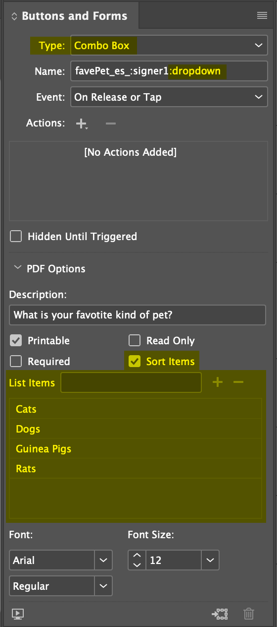Screenshot of the InDesign Buttons and Forms panel settings for an Adobe Sign tagged dropdowns and their custom menu options.