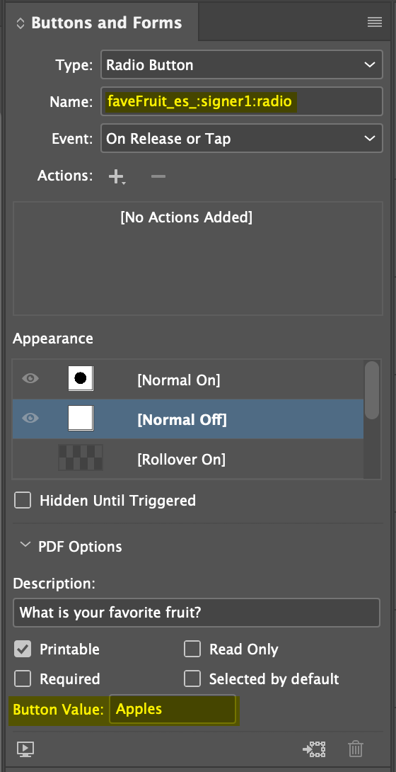Screenshot of the InDesign Buttons and Forms panel settings for an Adobe Sign tagged radio button.