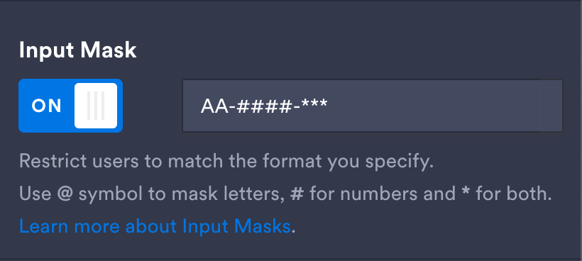 Screenshot of the JotForm Input Mask area in a Short Text Field's settings panel.