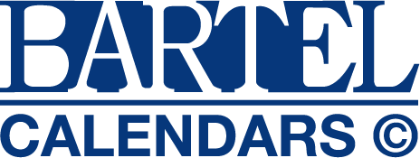 Logo for Bartel Calendars, featuring the company name in bold blue letters above 
