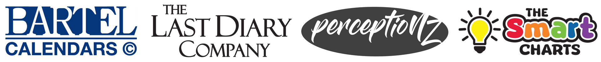 Logos for Bartel Calendars, The Last Diary Company, Perceptionz, and The Smart Charts.