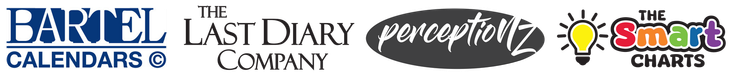 Logos for Bartel Calendars, The Last Diary Company, Perceptionz, and The Smart Charts.