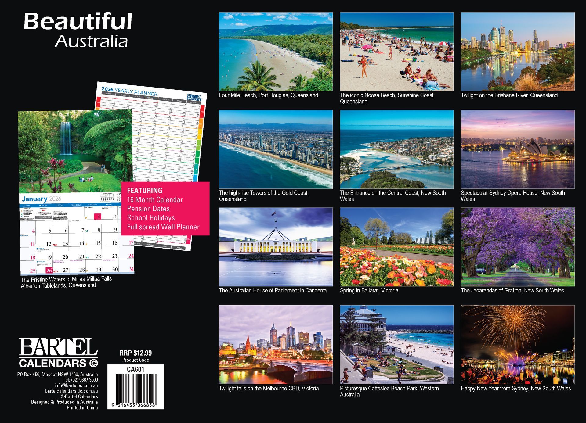 Waterfall cascading into a turquoise pool, surrounded by lush green foliage and a grassy lawn with people relaxing.