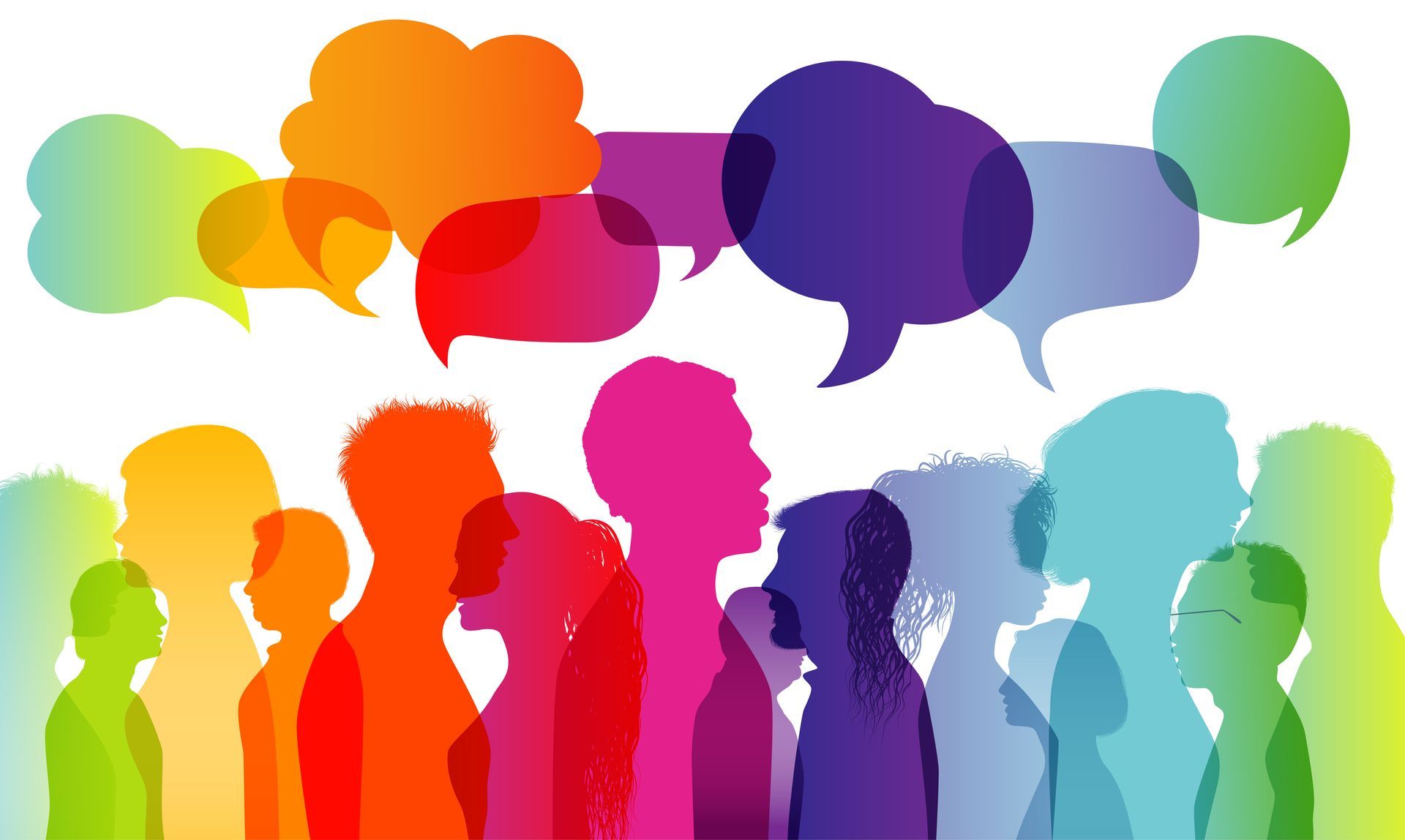 Eine Gruppe von Menschen steht nebeneinander und über ihnen befinden sich Sprechblasen.