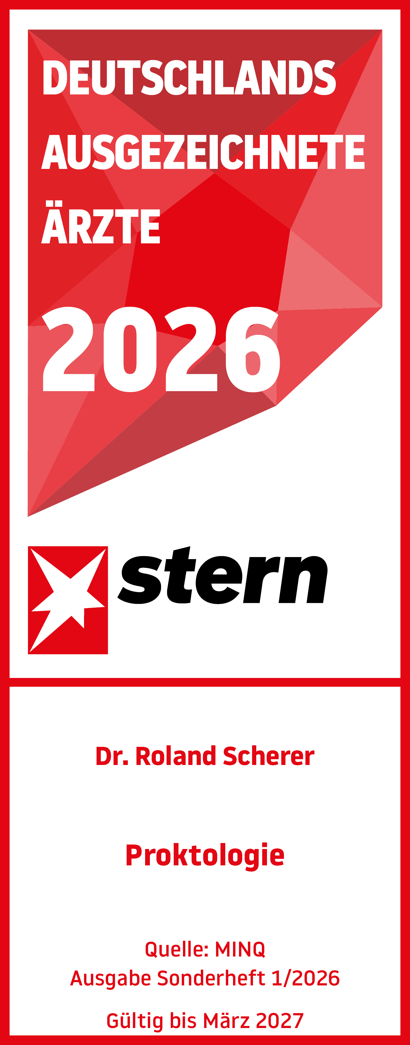 Stern-Siegel für Dr. Roland Scherer, Proktologie, „Deutschlands empfohlene Ärzte 2026“, gültig bis März 2027.