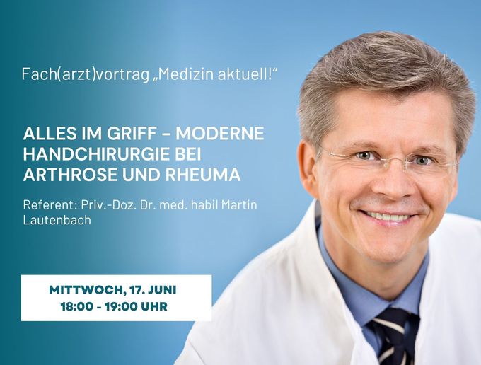 Ankündigung eines medizinischen Vortrags zum Thema Divertikulitis mit Dr. Roland Schener, Mittwoch, 22. April, 18:00–19:00 Uhr in der Kapelle.