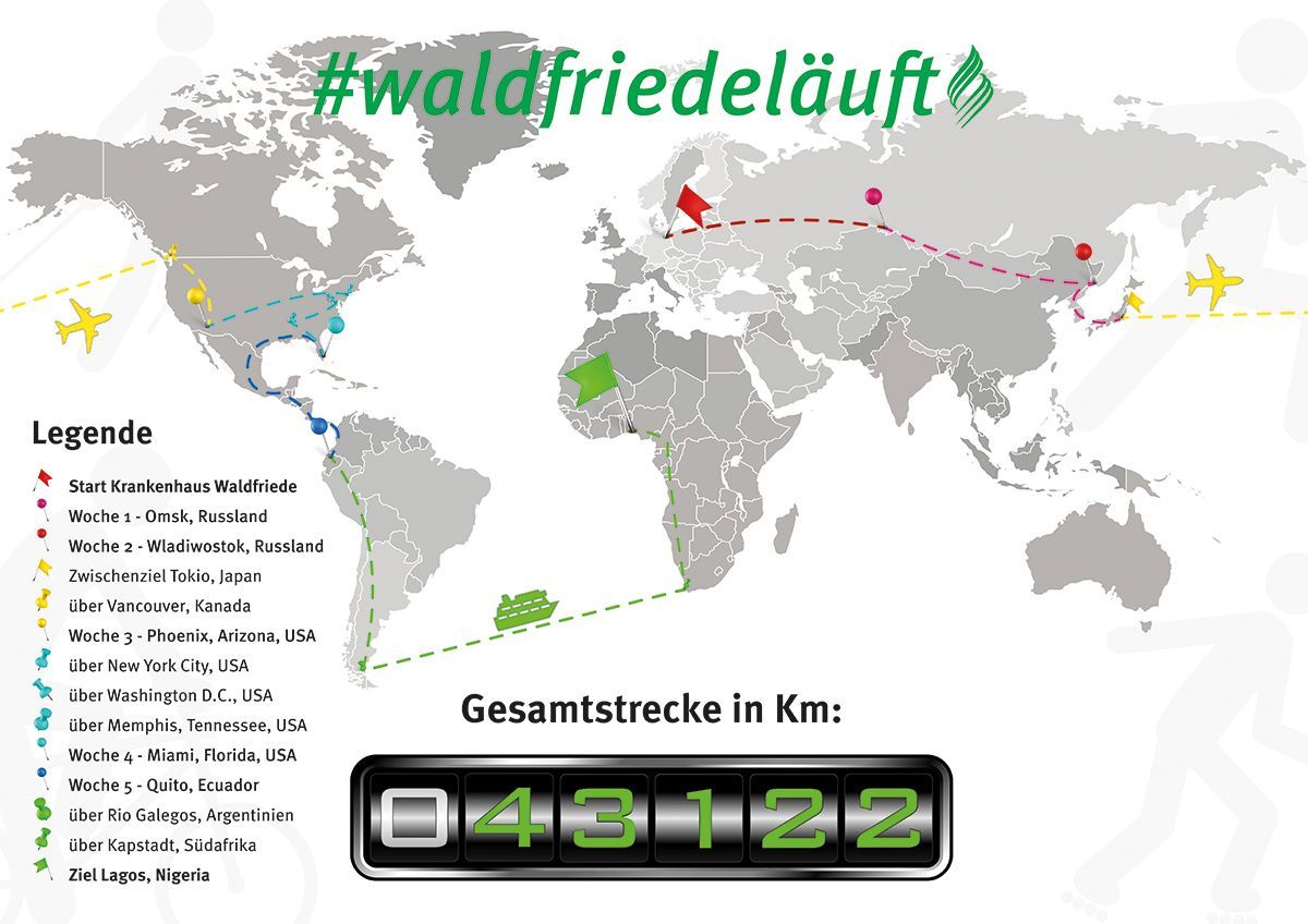Eine Weltkarte mit Flugzeugen, die darum herumfliegen.