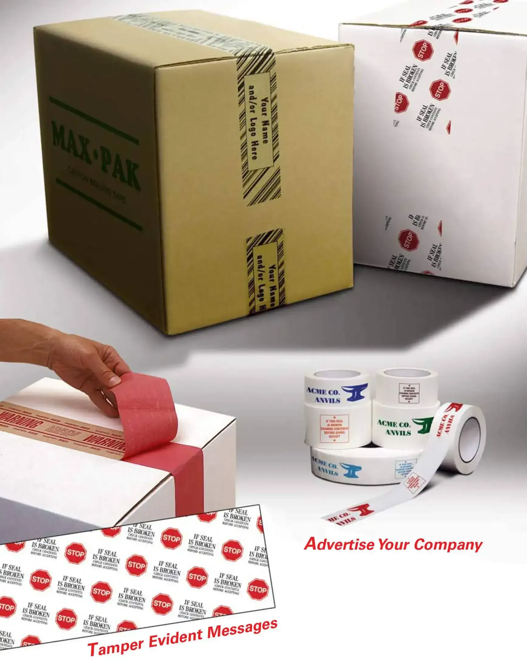 Boxes sealed with branded security tape.