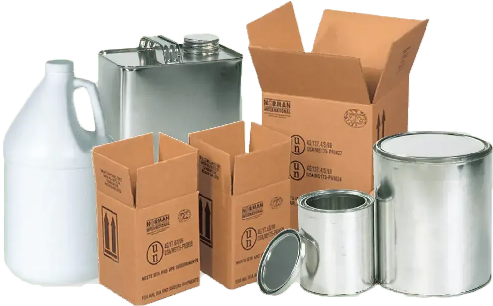 Assorted containers: plastic jug, metal cans, and cardboard boxes with company logo.