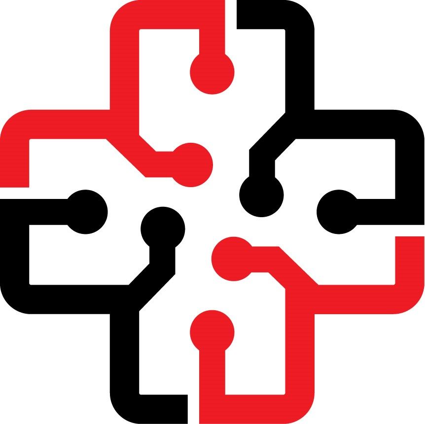 A red and black cross with a circuit board inside of it.