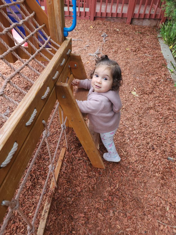 A little girl is climbing a wooden ladder at a playground