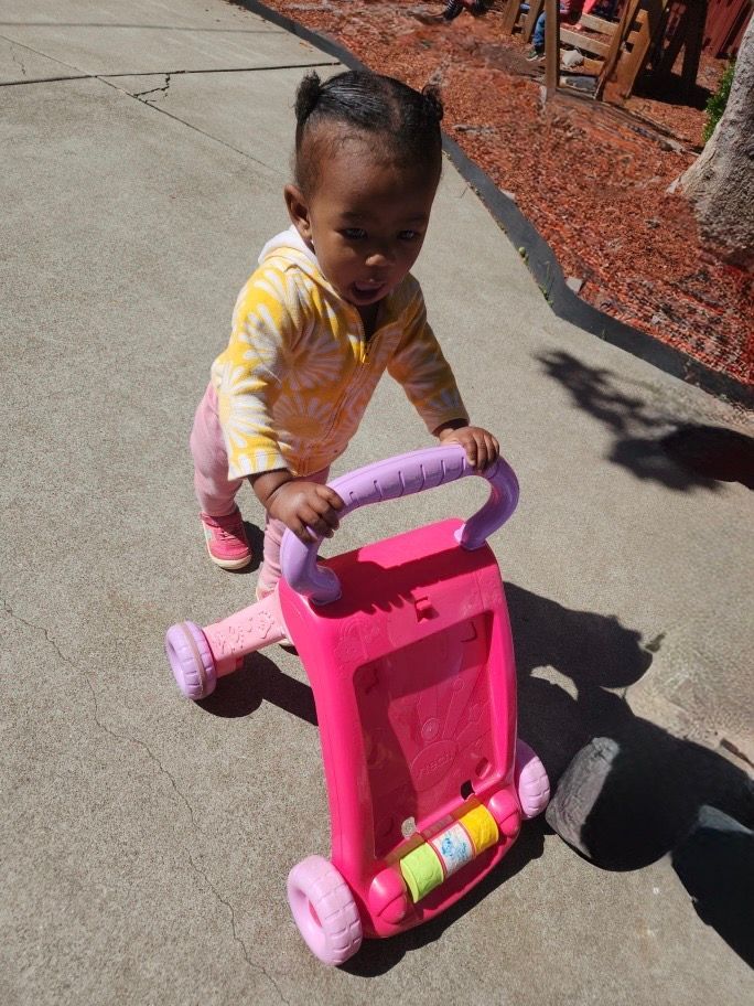 A little girl is walking with a pink walker on the sidewalk.