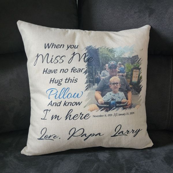 Pillow with a photo and text