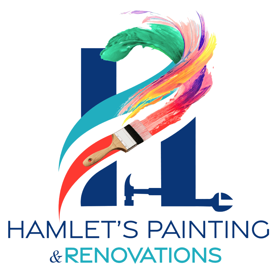 The logo for hamlet 's painting and renovations shows a brush and a hammer.