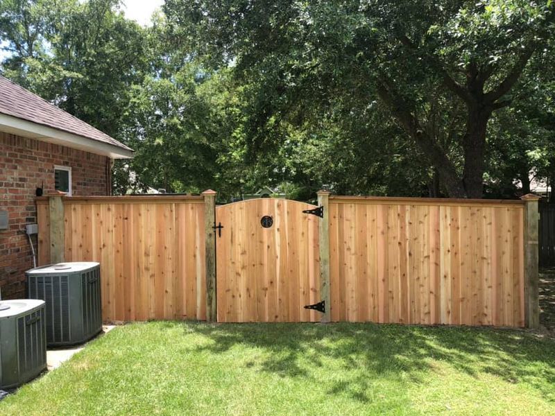 A wooden fence with a gate in the backyard of a house.