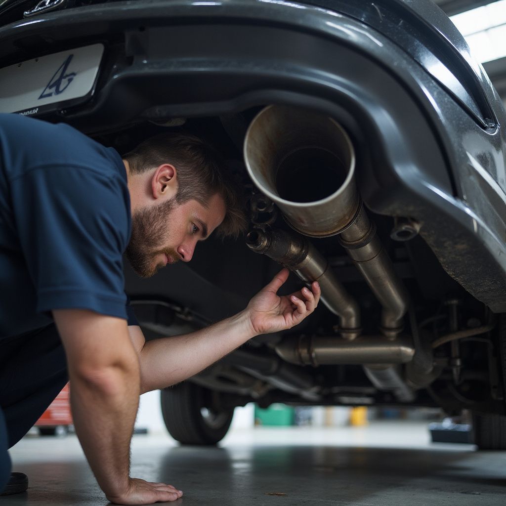 Mechanic inspecting car exhaust system in a garage.