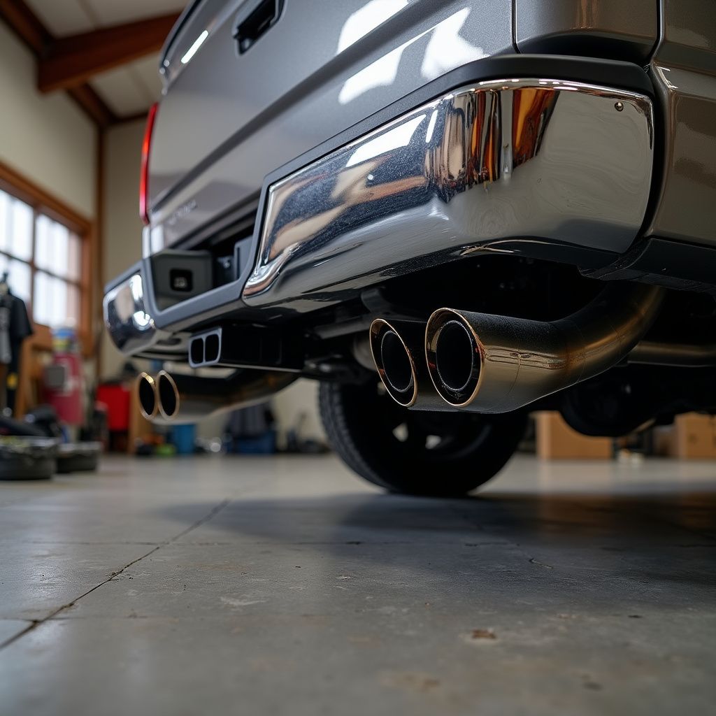 Rear view of a gray pickup truck, showing chrome bumper and dual exhaust pipes in a workshop.